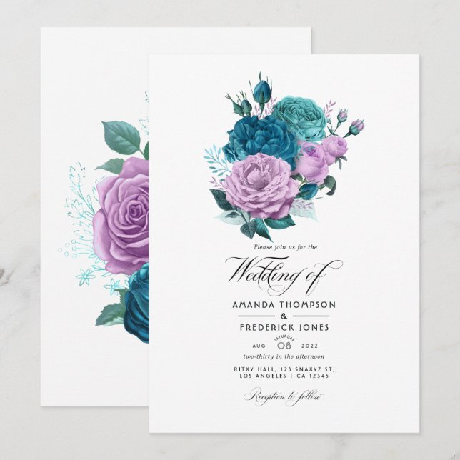 Faire-part de mariage floral turquoise et lavande (Devant / Derrière)