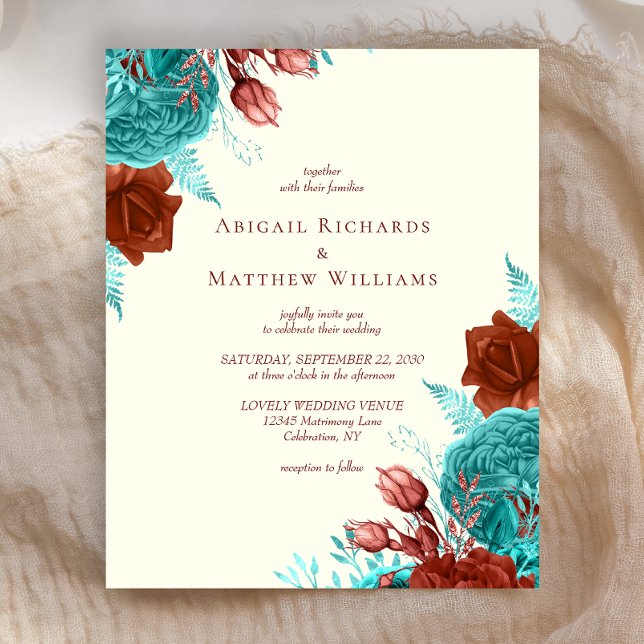 Faire-part de mariage floral Turquoise Rouille Ivo (Créateur téléchargé)