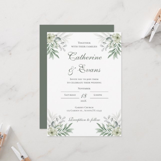 Faire-part de mariage FLoral vert (Devant/Arrière en situation)