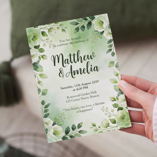 Faire-part de mariage floral vert aquarelle (Créateur téléchargé)