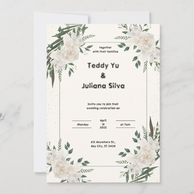 Faire-part de mariage floral vert crème (Devant)