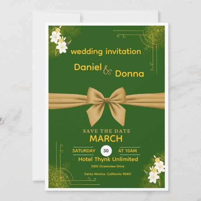 Faire-Part de Mariage Floral Vert et Or Élégant (Devant)