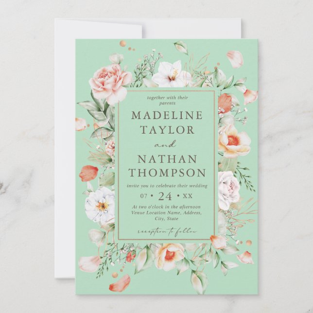 Faire-part de mariage floral vert menthe et pêche (Devant)