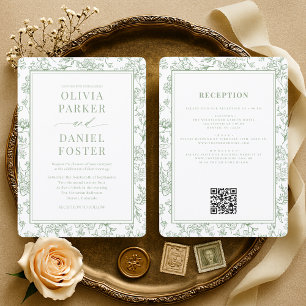 Faire-part de mariage floral vert sauge à code QR