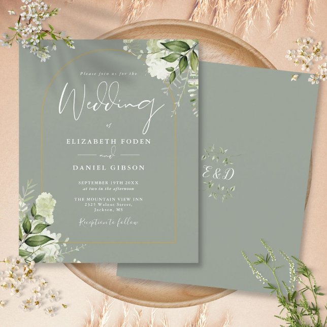 Faire-part de mariage floral vert sauge Budget ave (Budget Sage Green Floral Gold Arch Wedding Invite)