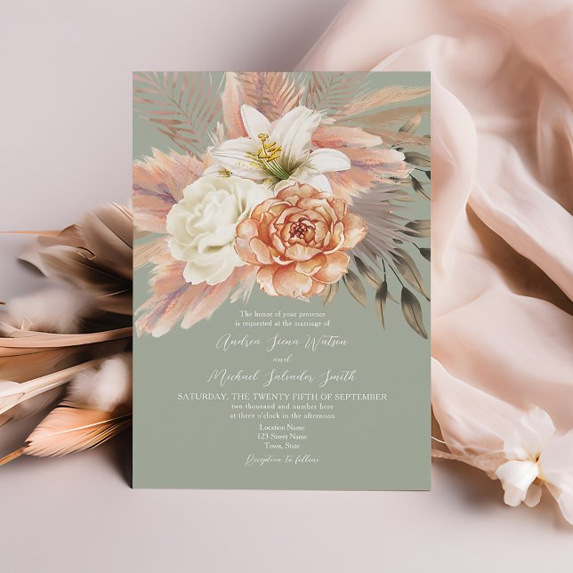 Faire-part de mariage floral vert sauge et pêche (Créateur téléchargé)
