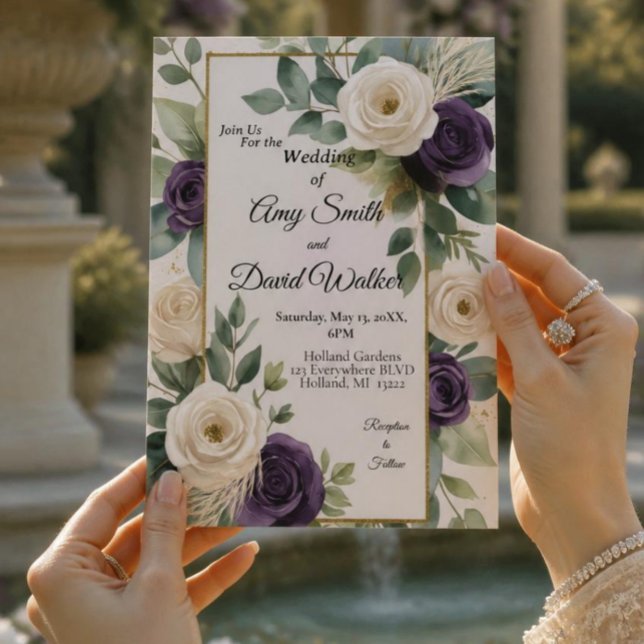 Faire-part de mariage floral vert sauge et violet (AI Generated Hands Holding Card)