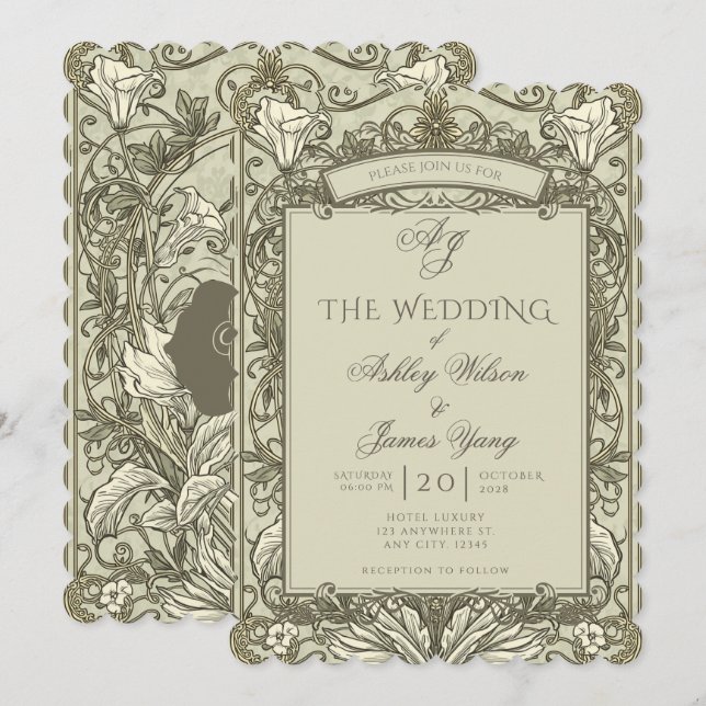 Faire-part de mariage floral vert sauge marron (Devant / Derrière)