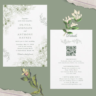 Faire-Part de Mariage Floral Vert Sauge Tout-en-Un