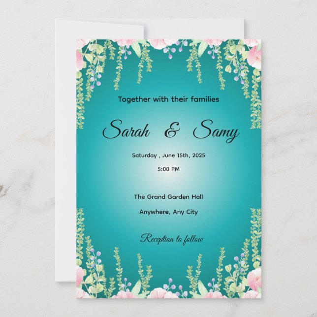 Faire-part de mariage floral vert turquoise | Élég (Devant)