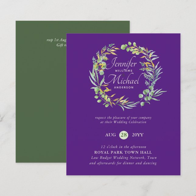 Faire-part de mariage Floral vert violet à faible  (Devant / Derrière)