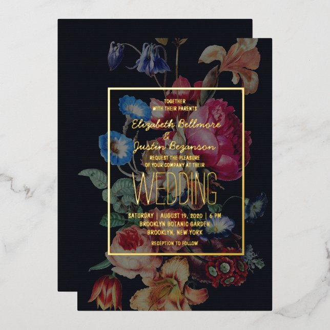 Faire-part de mariage floral vintage foncé (Recto/Verso)