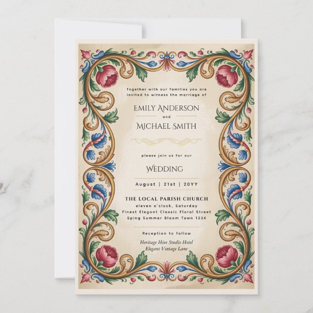 Faire-part de mariage floral vintage Renaissance | (Devant)