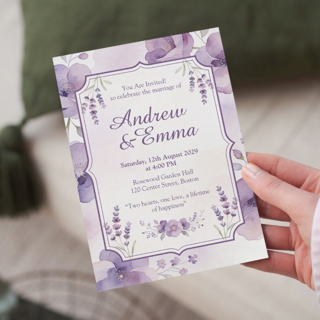 Faire-part de mariage floral violet aquarelle (Créateur téléchargé)