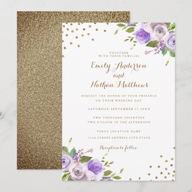 Faire-part de mariage floral violet avec confettis (Devant / Derrière)