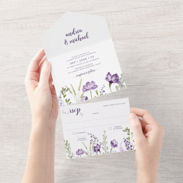Faire-part de mariage floral violet avec RSVP atta (Déchirure)