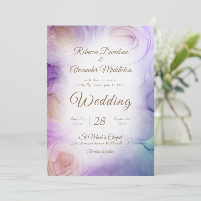 Faire-part de mariage floral violet chic (Debout devant)