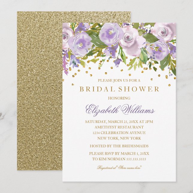 Faire-part de mariage floral violet doré Sparkle (Devant / Derrière)