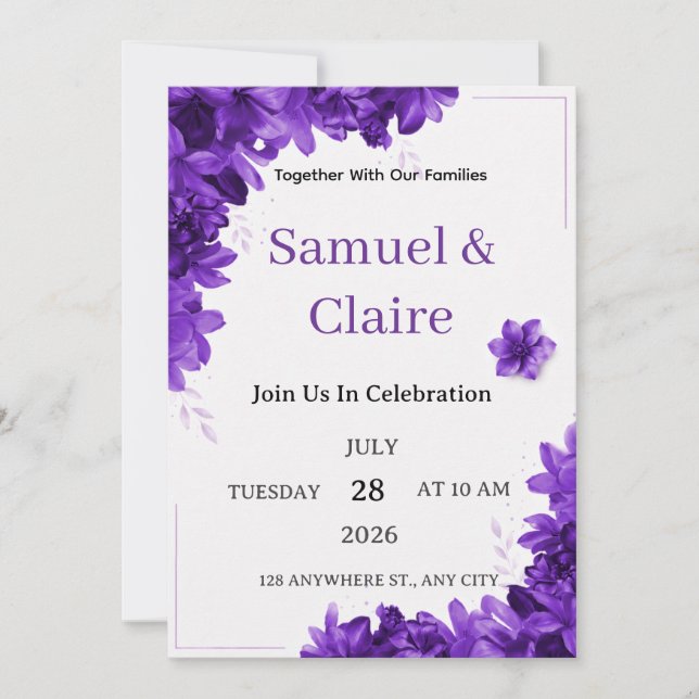 Faire-part de mariage floral violet élégant (Devant)
