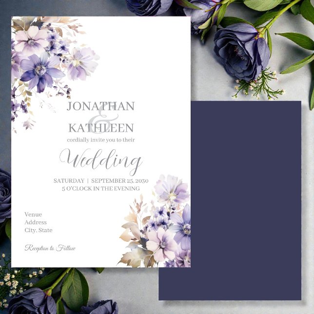 Faire-part de mariage floral violet et bleu à l'aq (Créateur téléchargé)