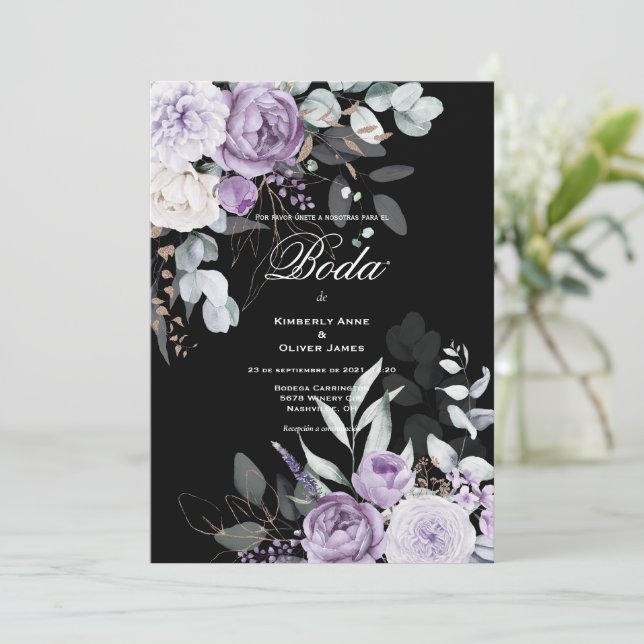 Faire-part de mariage Floral violet et noir (Debout devant)