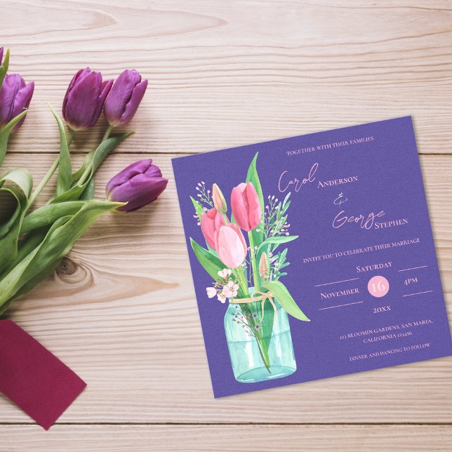 Faire-part de mariage floral violet et rose dans u (Blush & Purple Floral Mason Jar Wedding Invitation)