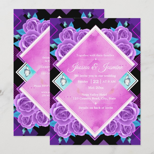 Faire-part de mariage floral violet et sarcelle vi (Devant / Derrière)