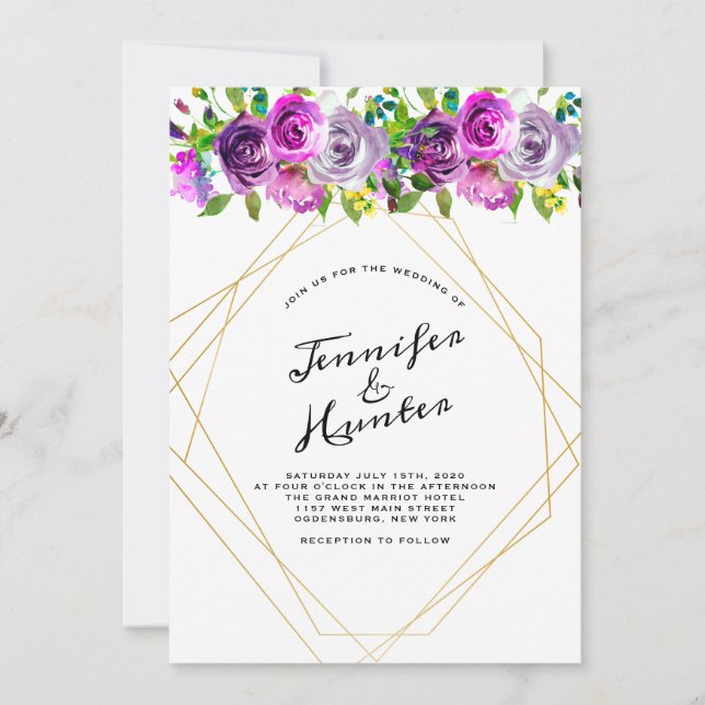 Faire-part de mariage floral violet géométrique (Devant)