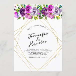 Faire-part de mariage floral violet géométrique