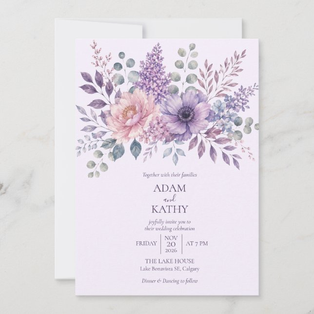 Faire-part de mariage floral violet lavande (Devant)