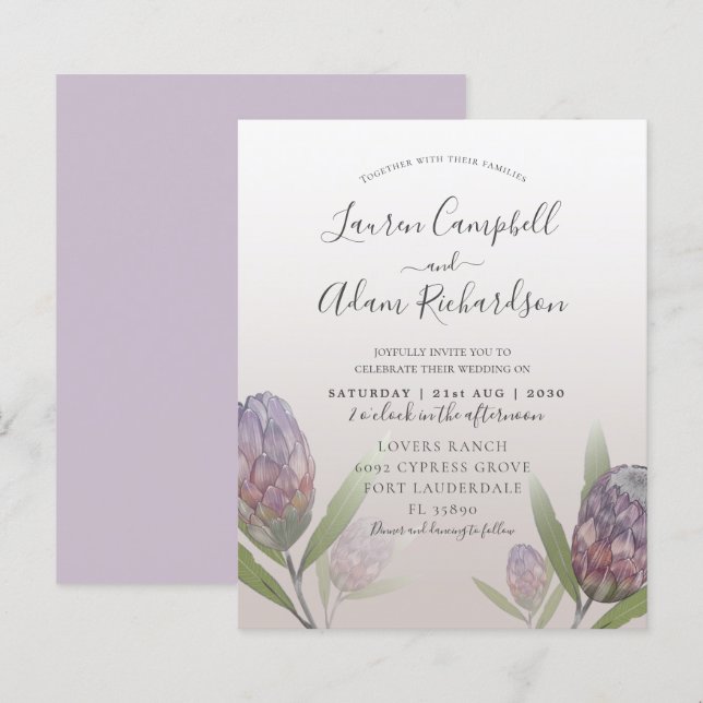 Faire-part de mariage floral violet moderne et éco (Devant / Derrière)