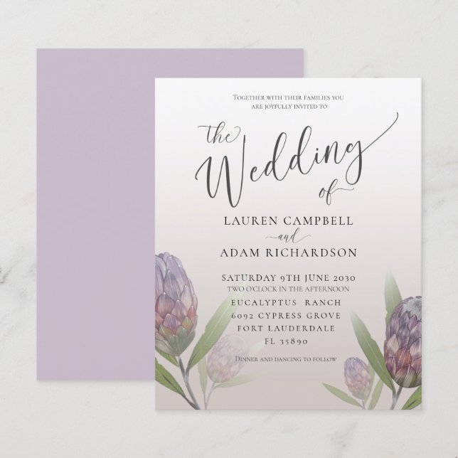 Faire-part de mariage floral violet moderne et éco (Devant / Derrière)