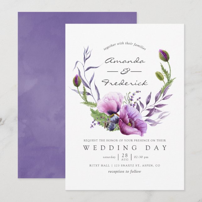 Faire-part de mariage floral violet poppy aquarell (Devant / Derrière)