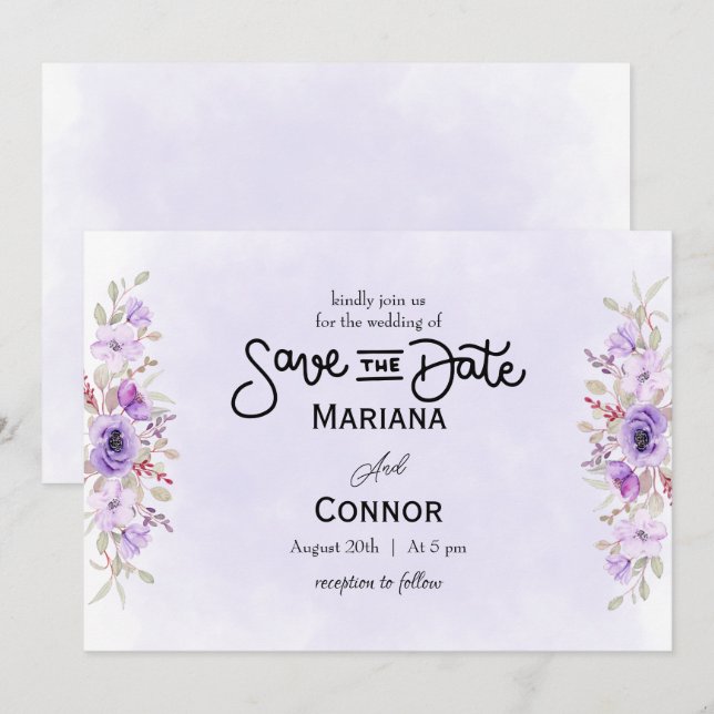 Faire-part de mariage floral violet vibrant pour u (Devant / Derrière)