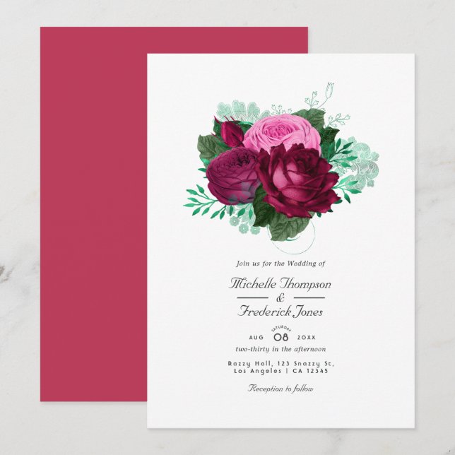 Faire-part de mariage floral Viva Magenta (Devant / Derrière)