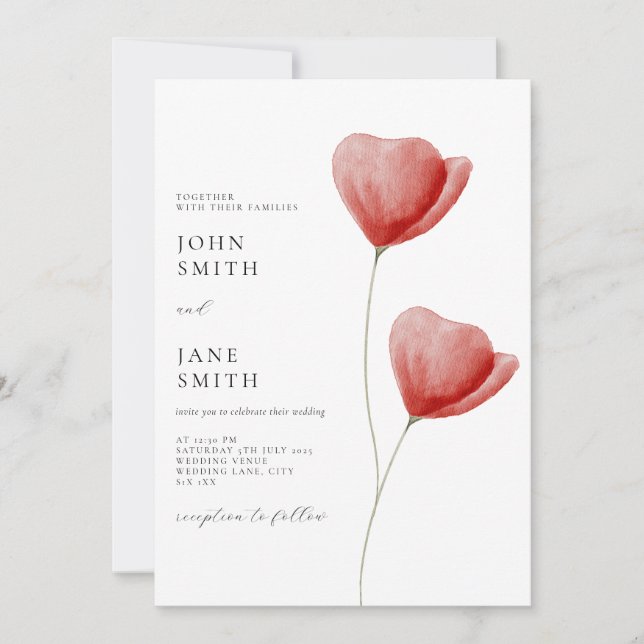 Faire-part de mariage florale à l'aquarelle rouge (Devant)