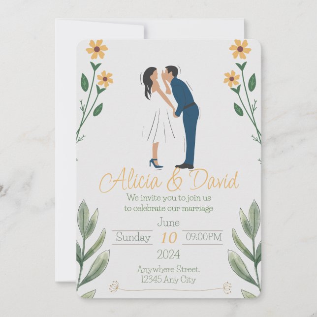 Faire-part de mariage florale avec mariée et chamb (Devant)