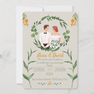 Faire-part de mariage florale avec mariée et chamb