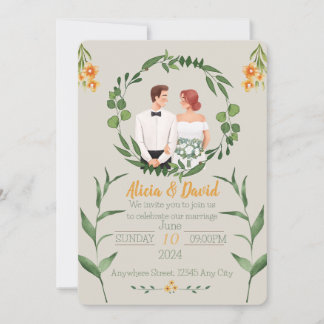 Faire-part de mariage florale avec mariée et chamb