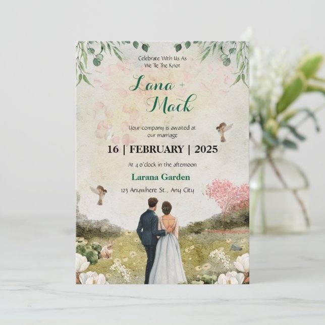 Faire-part de mariage florale blanche et verte (Debout devant)