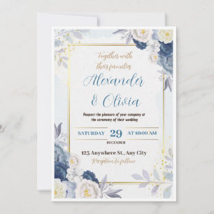 Faire-part de mariage Florale Bleu et Or