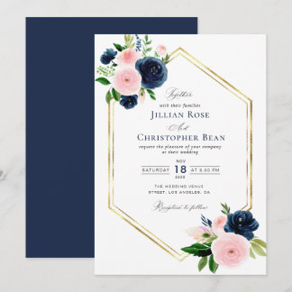 faire-part de mariage florale bleu marine et rouss