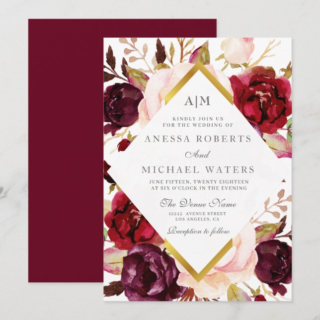 faire-part de mariage florale bordeaux moderne (Devant / Derrière)