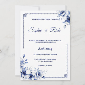 Faire-part de mariage florale classique bleu