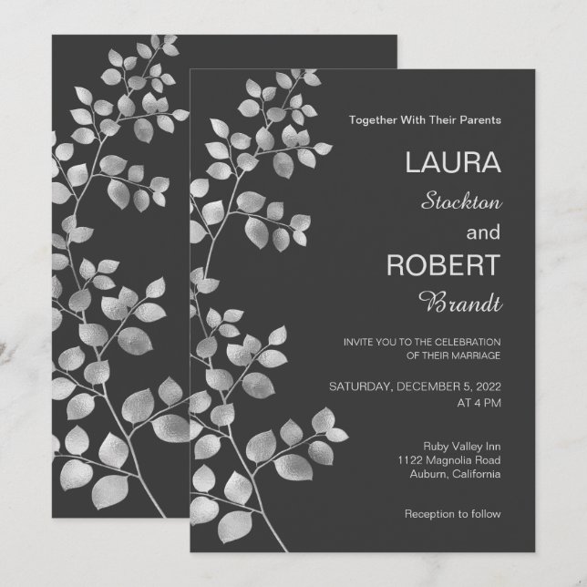 Faire-part de mariage florale d'argent moderne (Devant / Derrière)