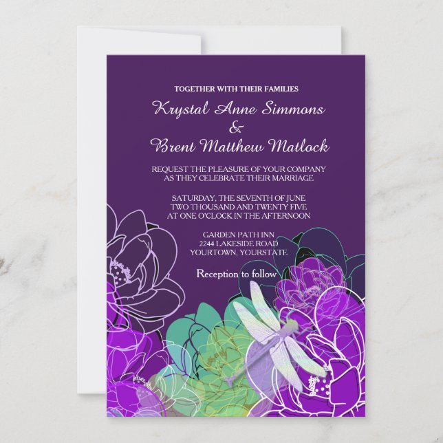 Faire-part de mariage florale de libellules violet (Devant)