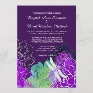 Faire-part de mariage florale de libellules violet