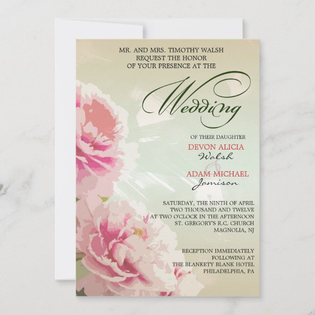 Faire-part de mariage florale de pivoine en rose e (Devant)