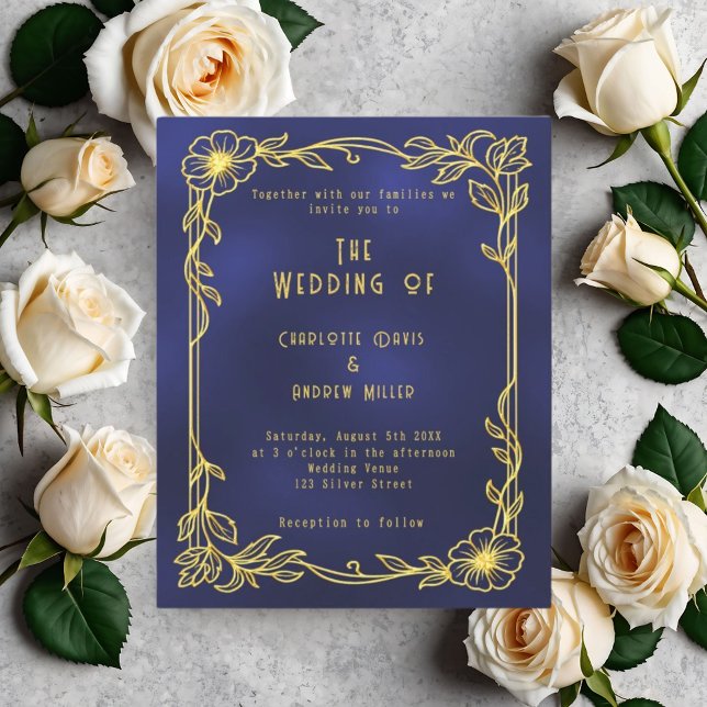 Faire-part de mariage florale d'or bleu (Créateur téléchargé)