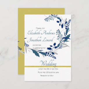Faire-part de mariage florale en or et bleu